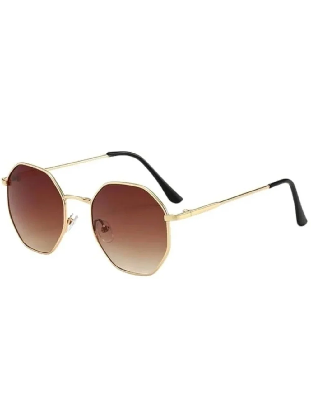 Unisex Octagonal Gold Metal Frame Gradient Brown Tea Lens Sunglasses